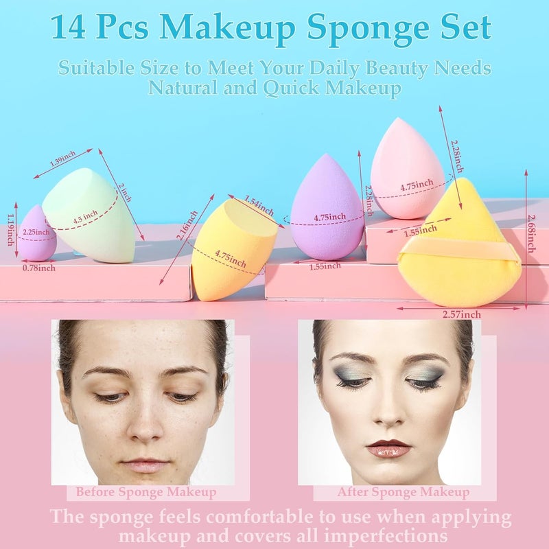 AuraRay 14 Pcs Makeup Sponge Set,Beauty Sponges Blender with 4 Pcs Powder Puff and 4 Pcs Mini Make up Sponges Birthday Gift,Mother's Day Gift for Women Liquid,Foundation,Powder,Concealer,Cream(Colorful) - Image 4